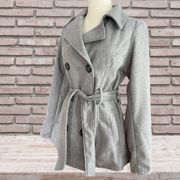 Classic Lines Heather Grey Double Breast Tie Waist Belt Fully Lined Pea Coat - Picture 4 of 11